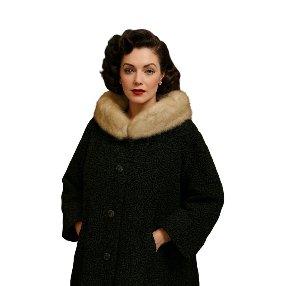 VTG Black Astrakin Fur Coat w/Fur Collar – Made in France, Styled by Lepshire